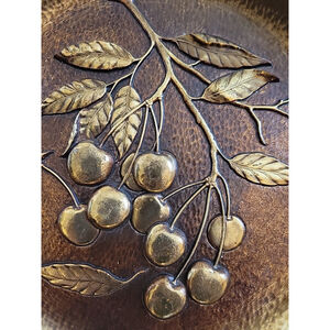 Vintage Syroco Wood Copper Tone Wall Hanging Plate Decor w/ CHERRIES 9.5" MCM,